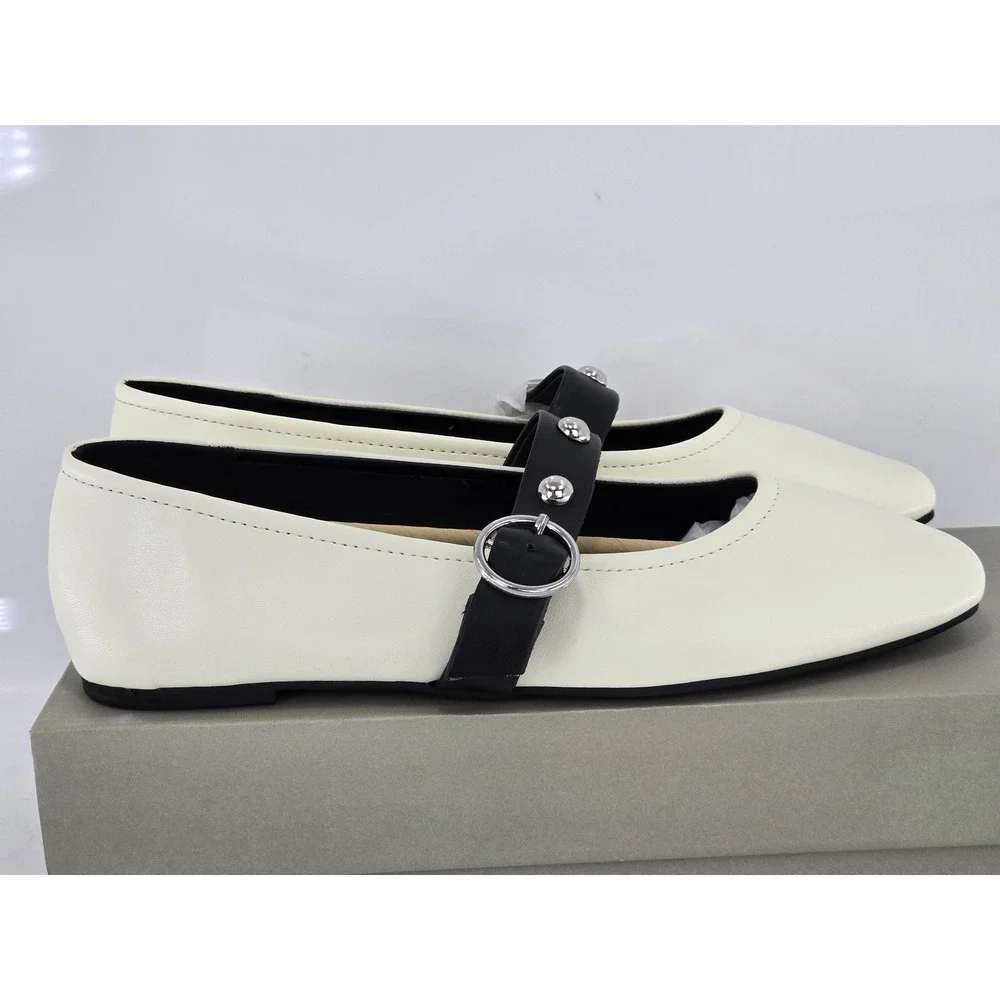 Kenneth Cole Reaction Maxi Flats Womens 8 Ecru Black Studded Mary Jane - New